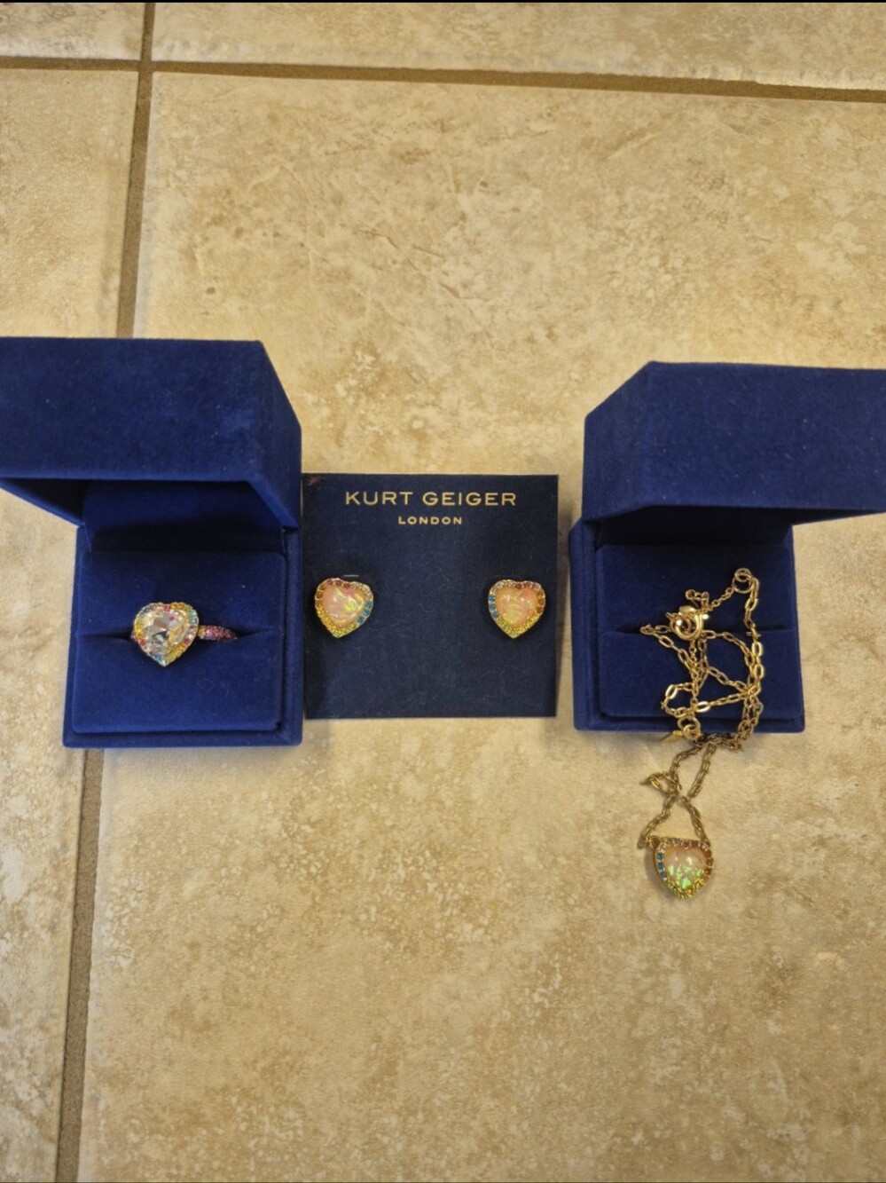 Kurt Geiger London Rainbow Heart Mother Of Pearl Earrings, Ring & Necklace Set